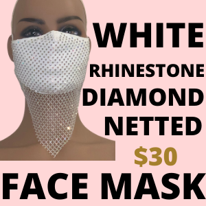 WHITE RHINESTONE NETTED FACE MASK